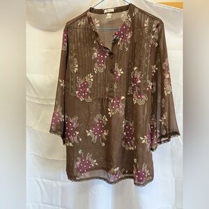 Old Navy Brown Pink Pleated Blouse with 3/4 Sleeves